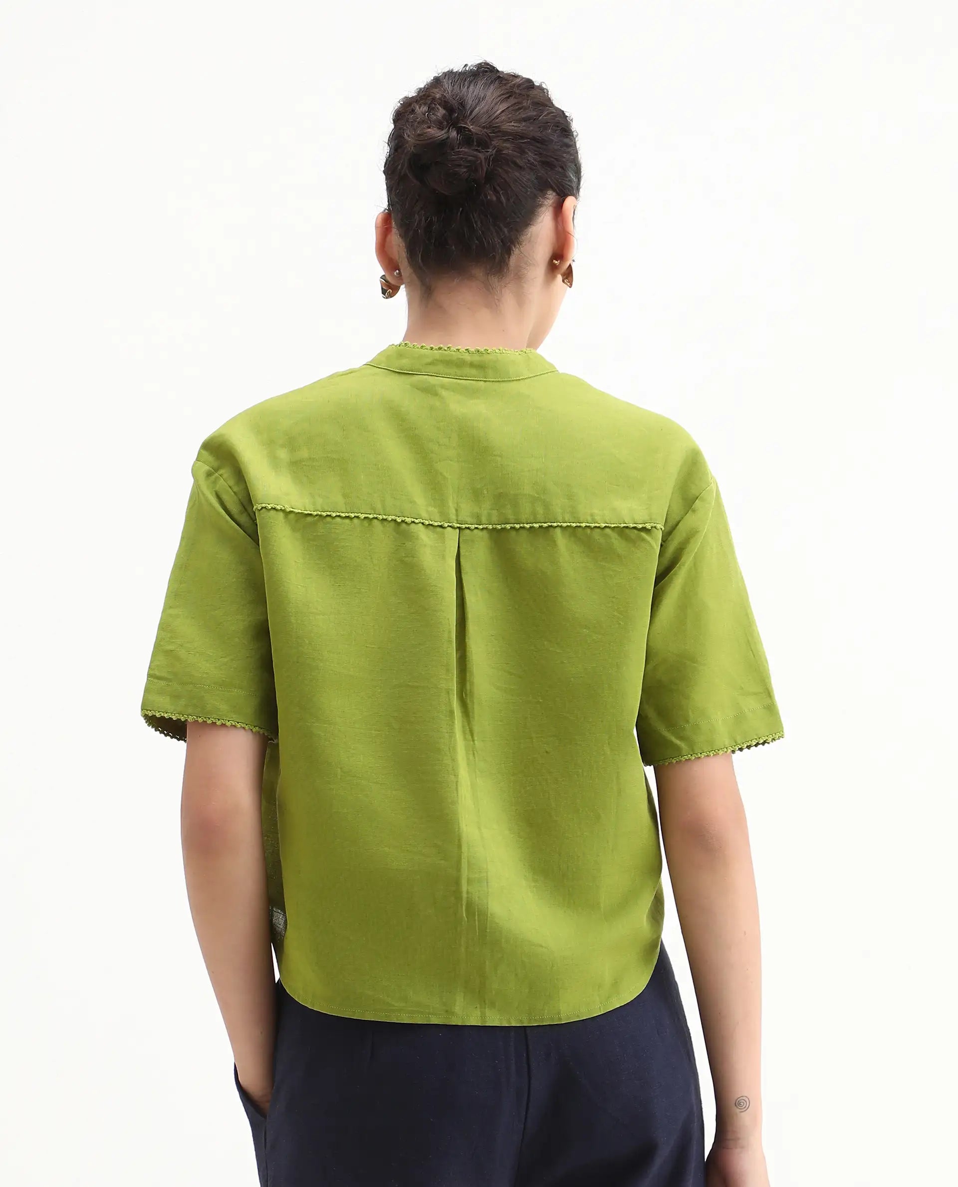 Rareism Women Rony Olive Cotton Linen Fabric Regular Sleeve V-Neck Regular Fit Plain Top