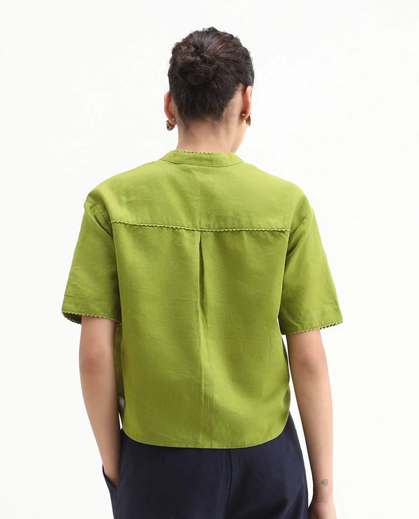 Rareism Women Rony Olive Cotton Linen Fabric Regular Sleeve V-Neck Regular Fit Plain Top