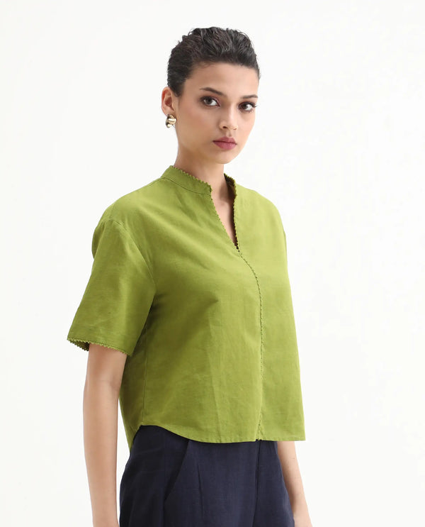 Rareism Women Rony Olive Cotton Linen Fabric Regular Sleeve V-Neck Regular Fit Plain Top