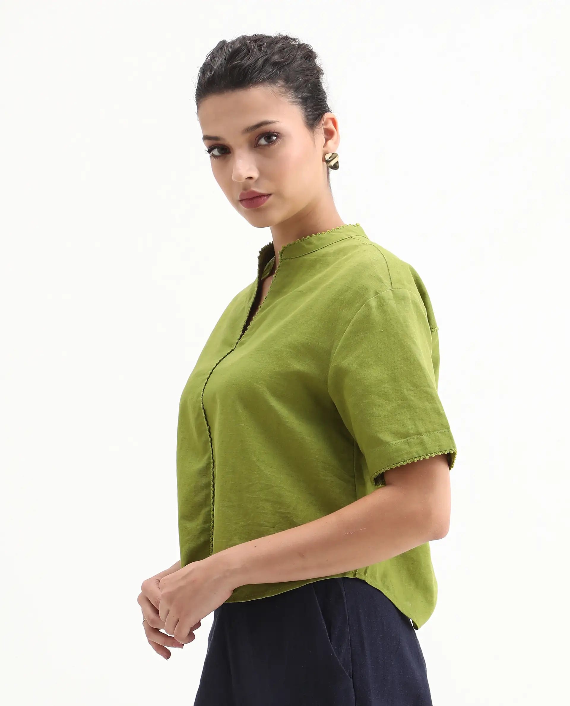 Rareism Women Rony Olive Cotton Linen Fabric Regular Sleeve V-Neck Regular Fit Plain Top