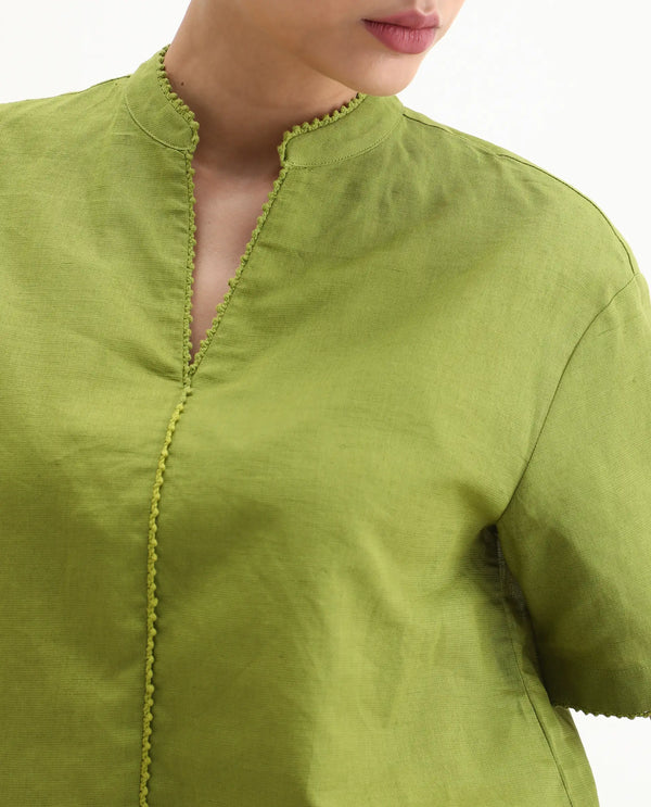 Rareism Women Rony Olive Cotton Linen Fabric Regular Sleeve V-Neck Regular Fit Plain Top