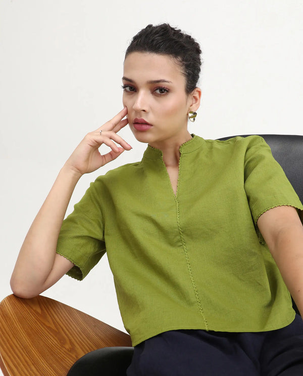 Rareism Women Rony Olive Cotton Linen Fabric Regular Sleeve V-Neck Regular Fit Plain Top