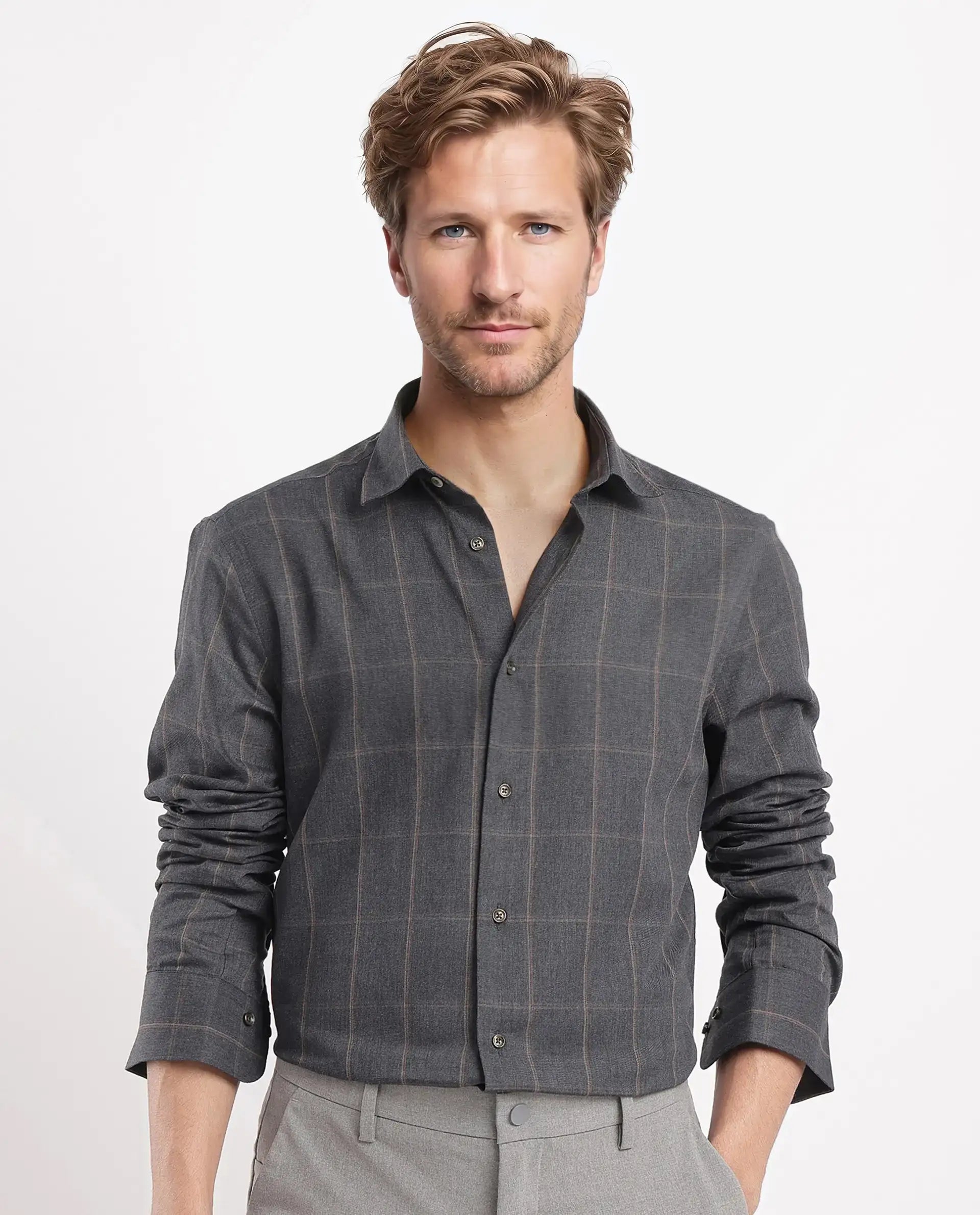 Rare Rabbit Men's Ropos-2 Grey Cotton Fabric Full Sleeve Regular Fit Checks Shirt