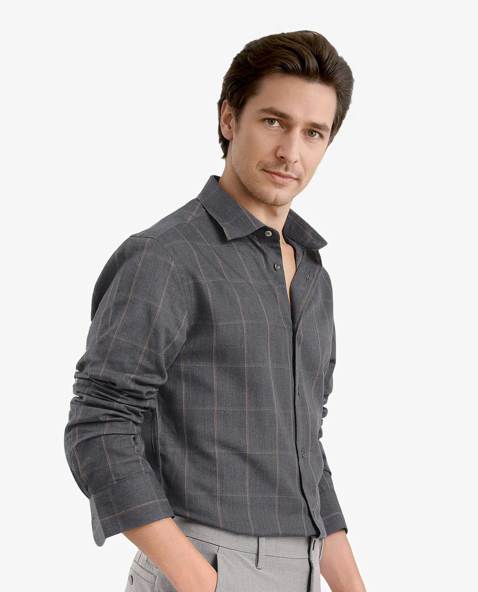 Rare Rabbit Men's Ropos-2 Grey Cotton Fabric Full Sleeve Regular Fit Checks Shirt