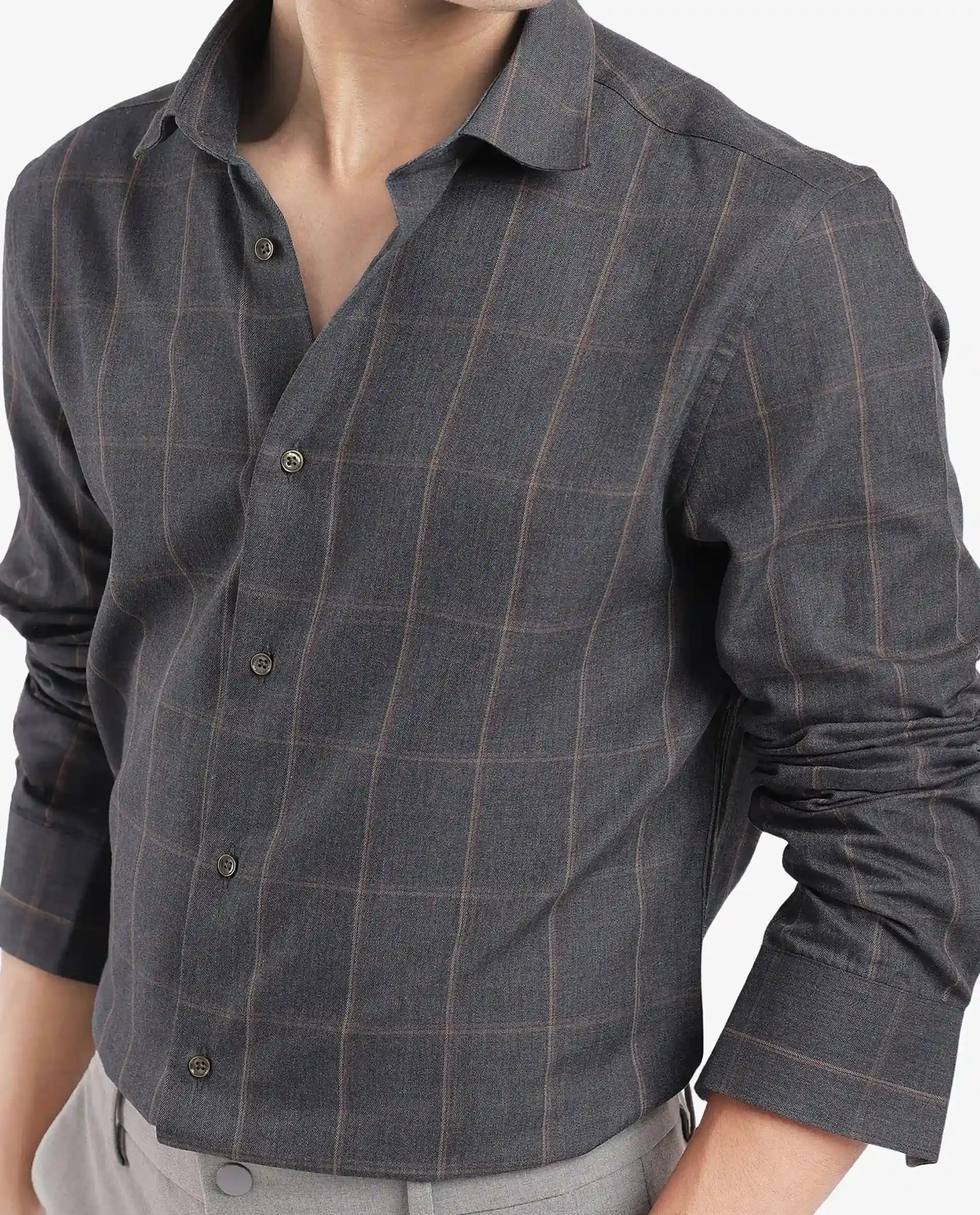 Rare Rabbit Men's Ropos-2 Grey Cotton Fabric Full Sleeve Regular Fit Checks Shirt