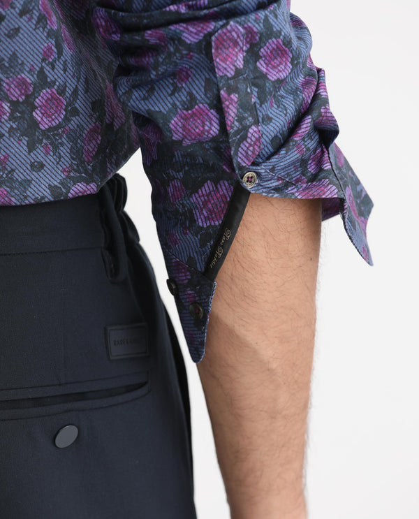 Rare Rabbit Men's Rosess Blue Twill Fabric Floral Print Full Sleeves Shirt