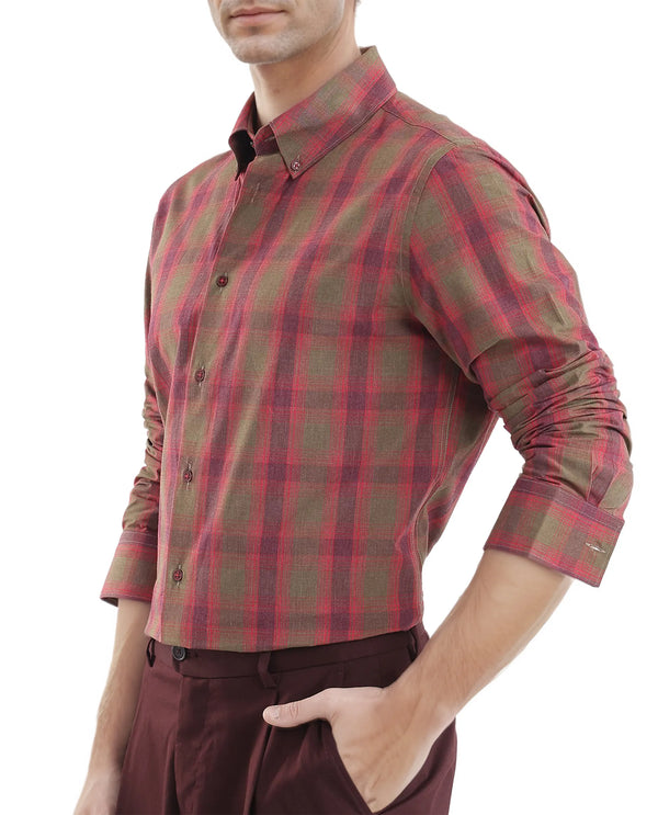 Rare Rabbit Men's Rudo Red Cotton Fabric Full Sleeve Regular Fit Checks Shirt