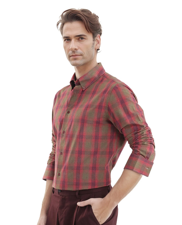 Rare Rabbit Men's Rudo Red Cotton Fabric Full Sleeve Regular Fit Checks Shirt