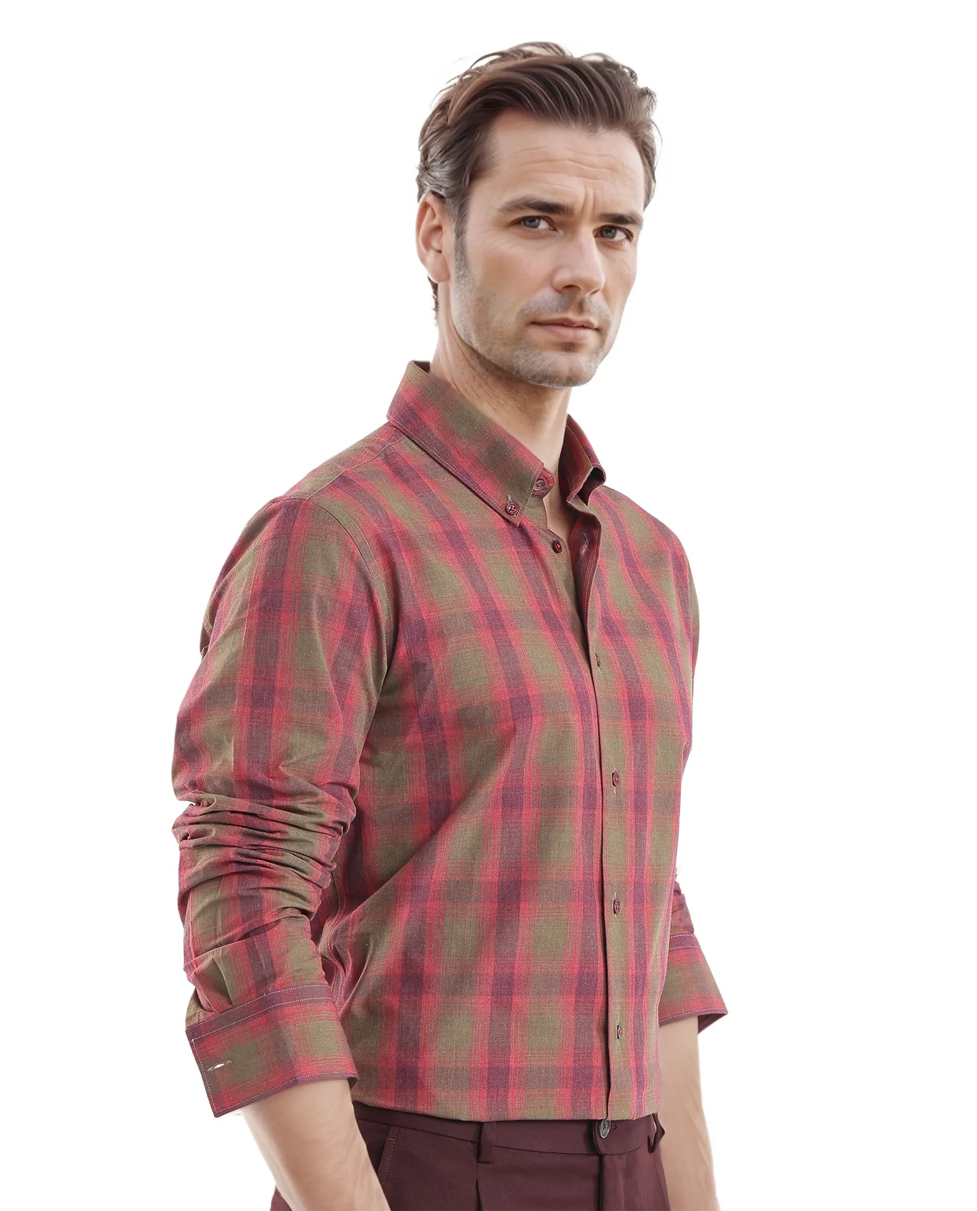 Rare Rabbit Men's Rudo Red Cotton Fabric Full Sleeve Regular Fit Checks Shirt