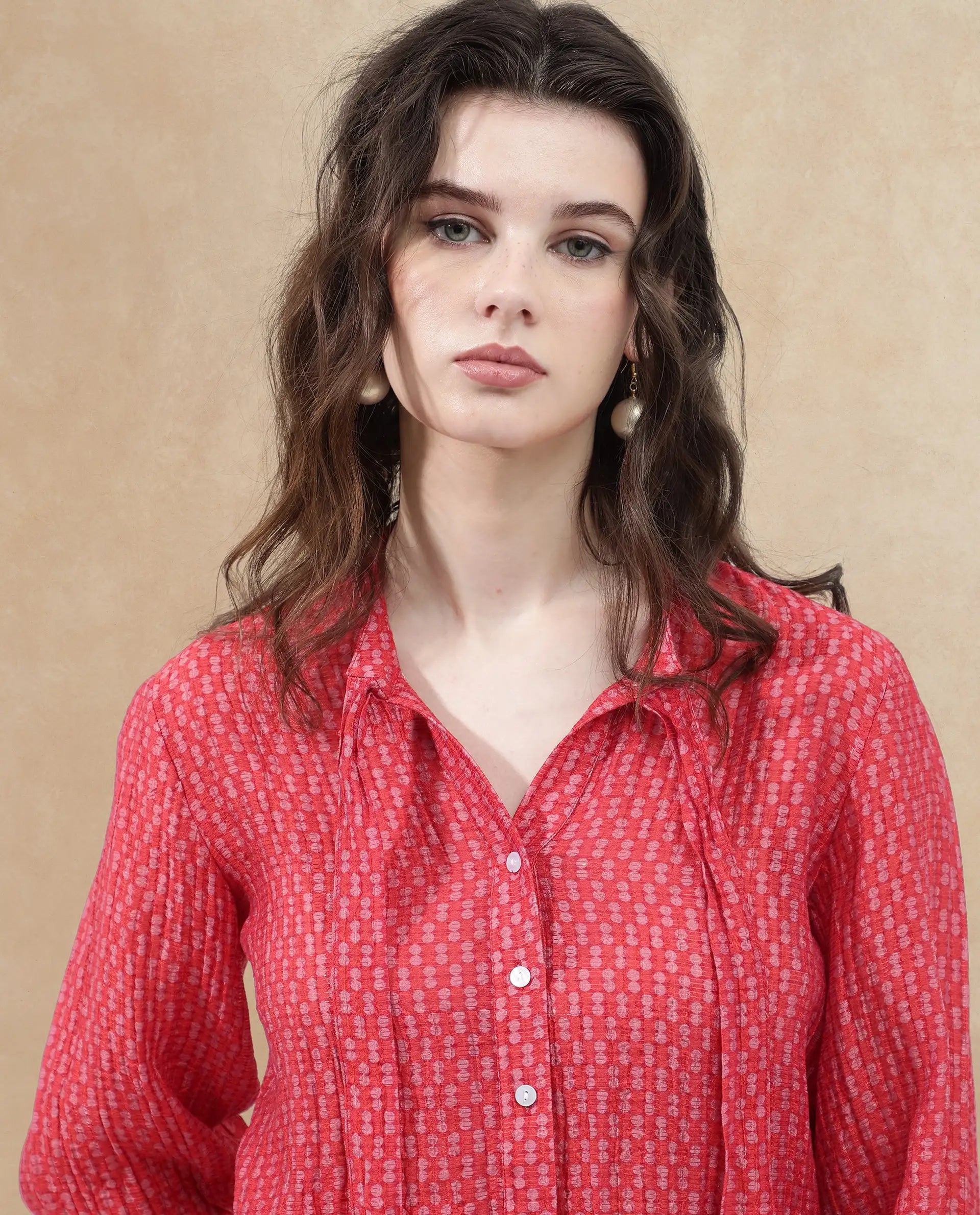 Rareism Women Rusha-T Red Rayon Nylon Fabric Regular Sleeves Collared Neck Abstract Print Regular Length Top