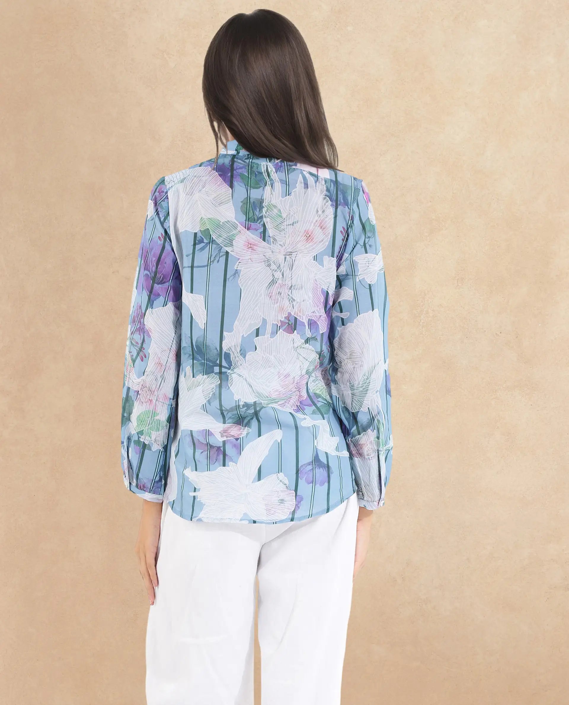 Rareism Women Rush Blue Cuffed Sleeve Tie Up Neck  Fit And Flare Floral Print Top