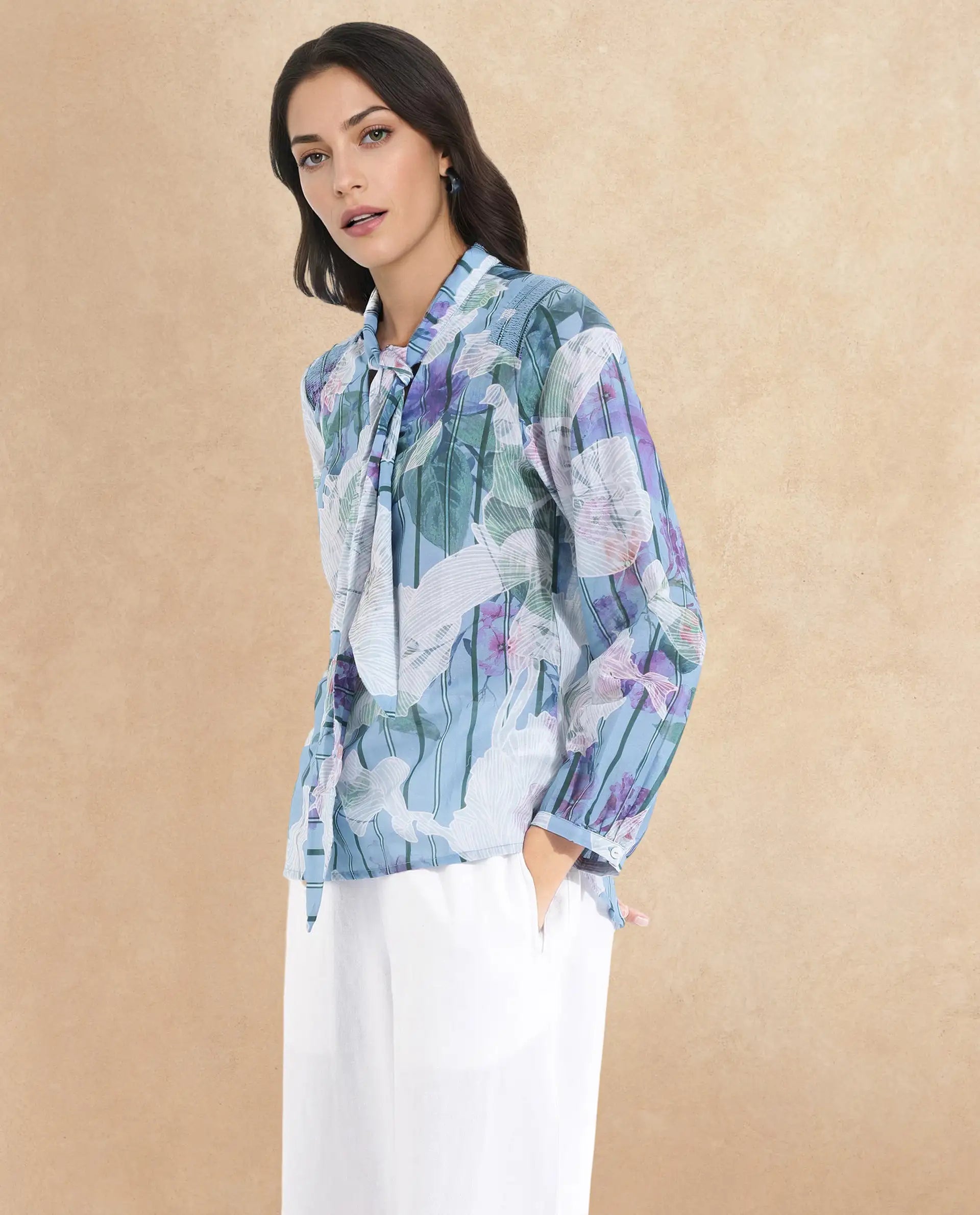 Rareism Women Rush Blue Cuffed Sleeve Tie Up Neck  Fit And Flare Floral Print Top