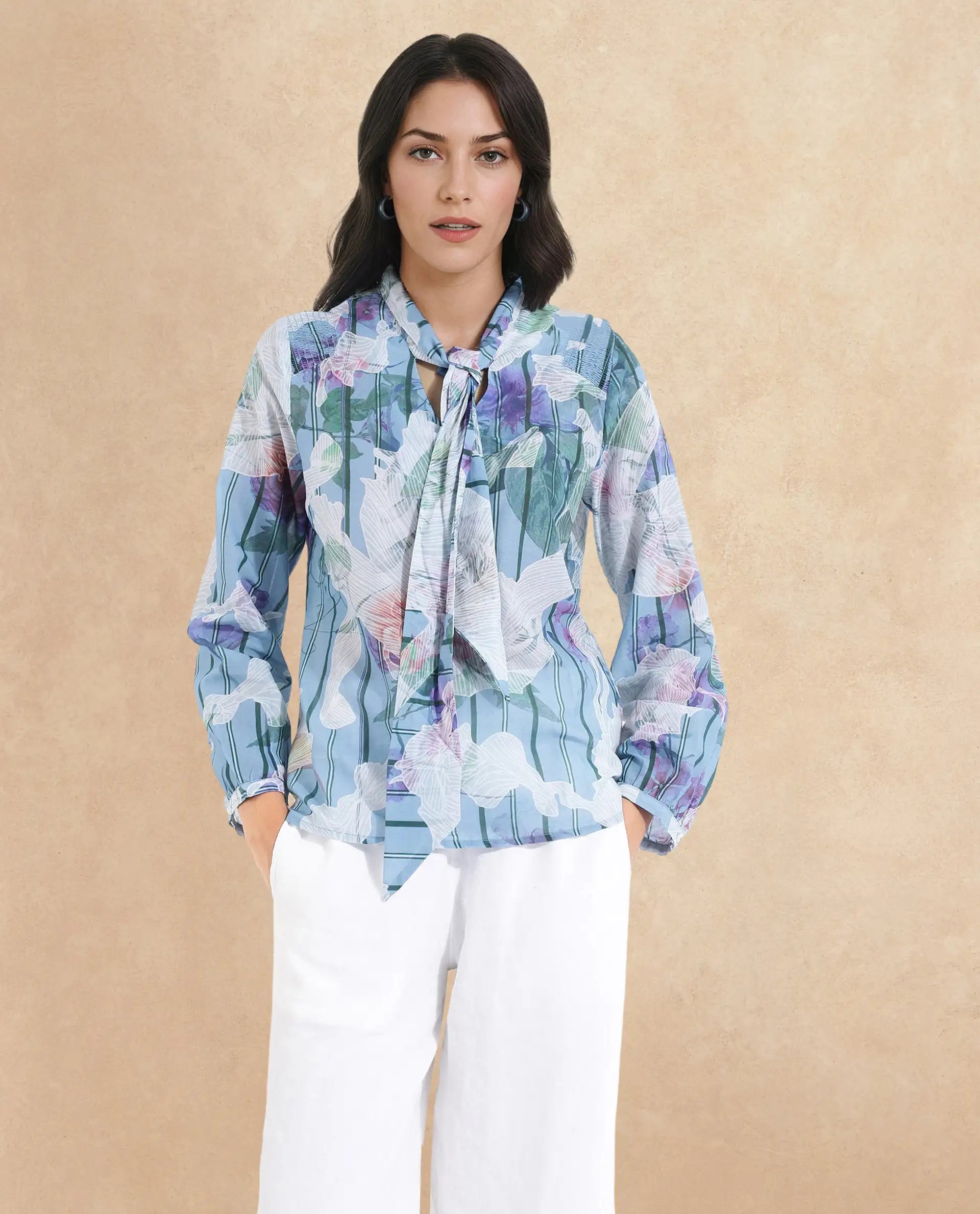 Rareism Women Rush Blue Cuffed Sleeve Tie Up Neck  Fit And Flare Floral Print Top