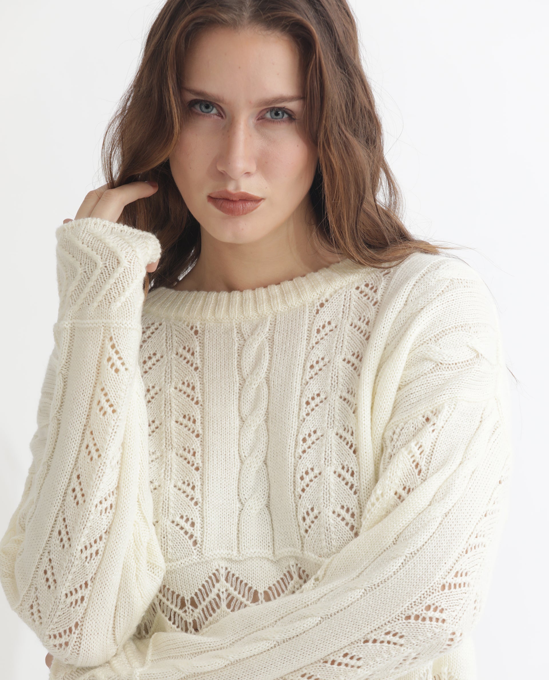 Rareism Women Saben Beige Acrylic Fabric Full Sleeves Relaxed Fit Solid Round Neck Sweater