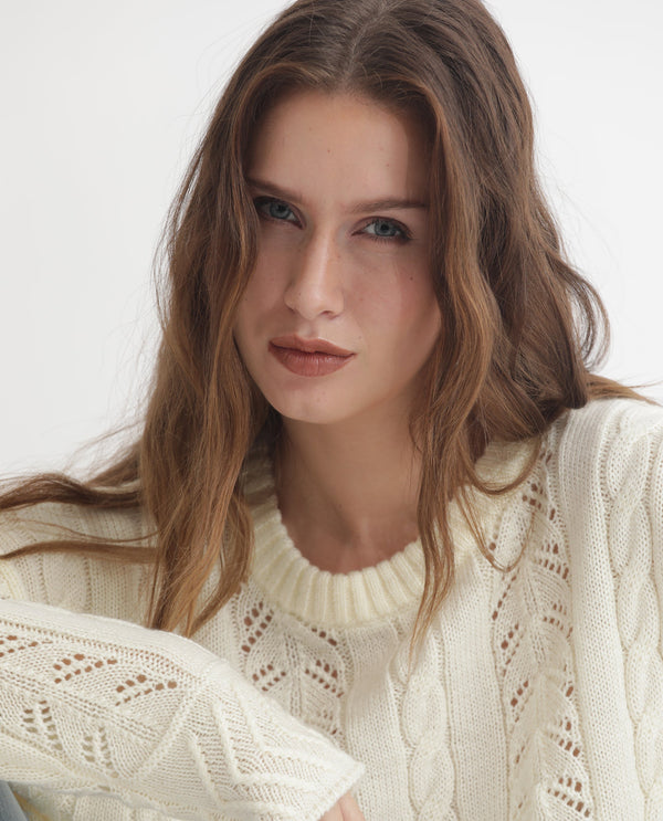 Rareism Women Saben Beige Acrylic Fabric Full Sleeves Relaxed Fit Solid Round Neck Sweater