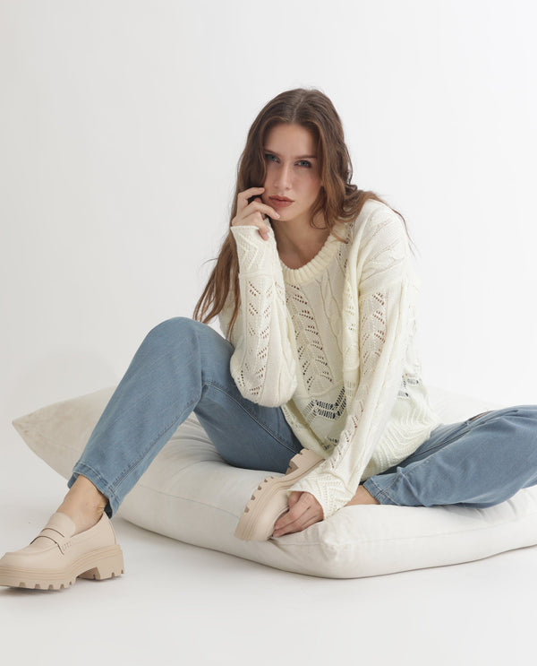 Rareism Women Saben Beige Acrylic Fabric Full Sleeves Relaxed Fit Solid Round Neck Sweater