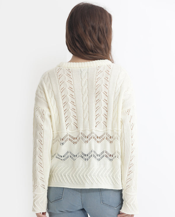 Rareism Women Saben Beige Acrylic Fabric Full Sleeves Relaxed Fit Solid Round Neck Sweater