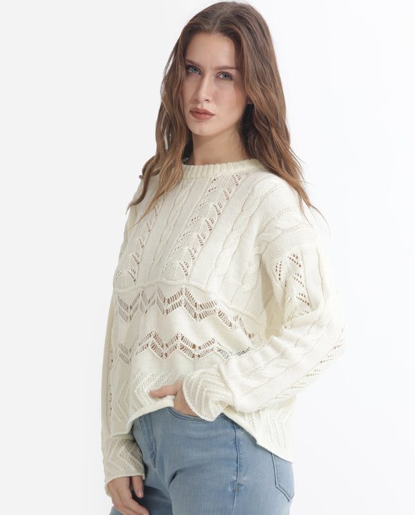 Rareism Women Saben Beige Acrylic Fabric Full Sleeves Relaxed Fit Solid Round Neck Sweater