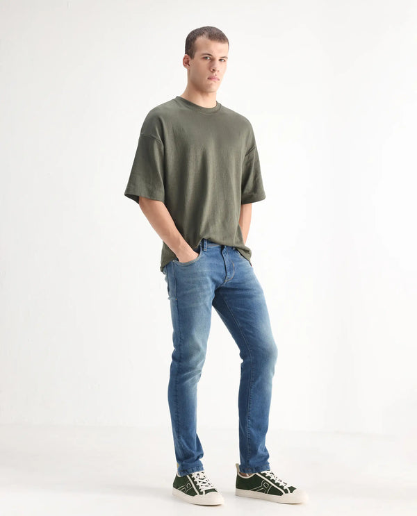 Rare Rabbit Men's Salar Pastel Blue Slim Fit Mid Rise Mild Wash With Mild Whiskers Jeans