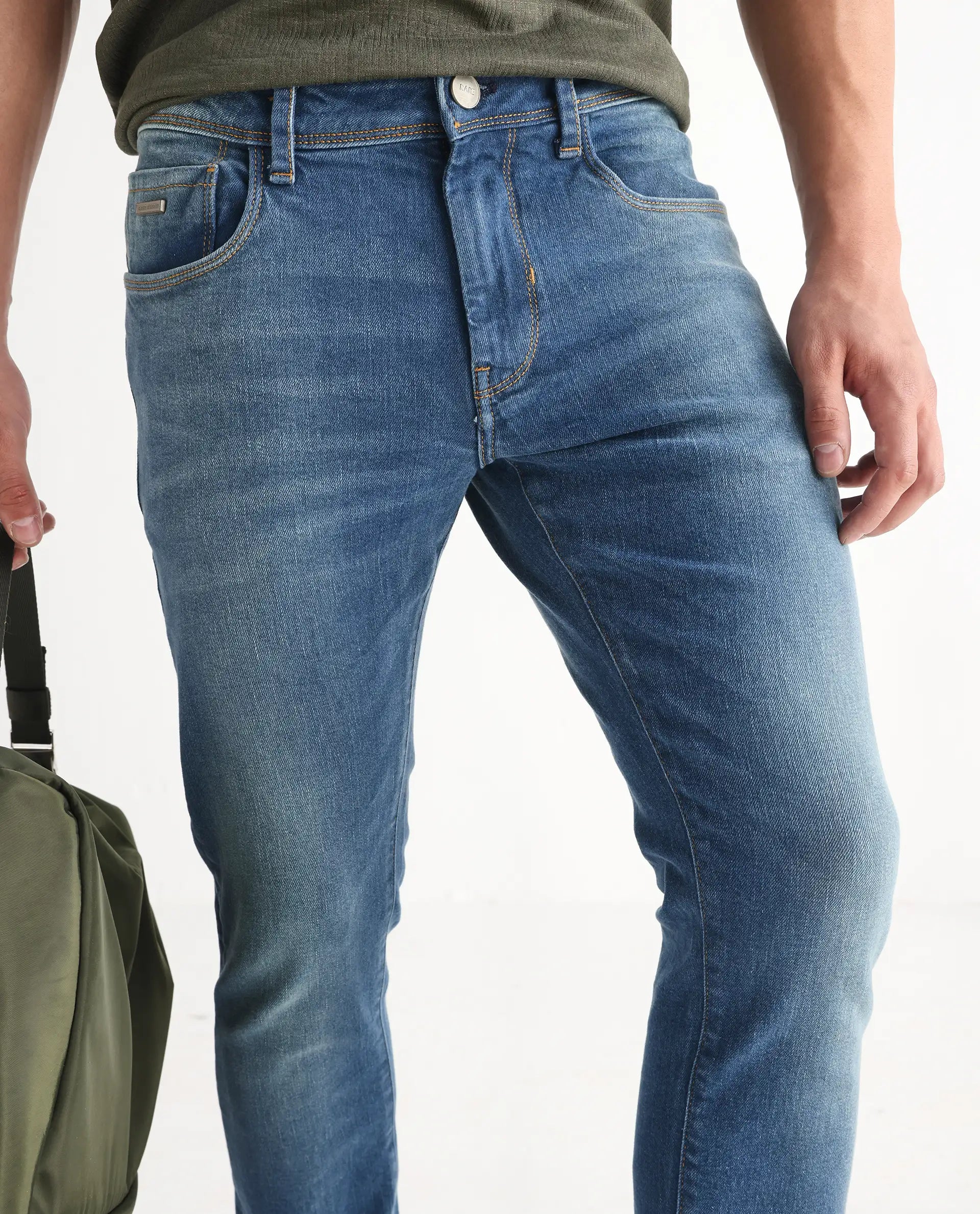 Rare Rabbit Men's Salar Pastel Blue Slim Fit Mid Rise Mild Wash With Mild Whiskers Jeans