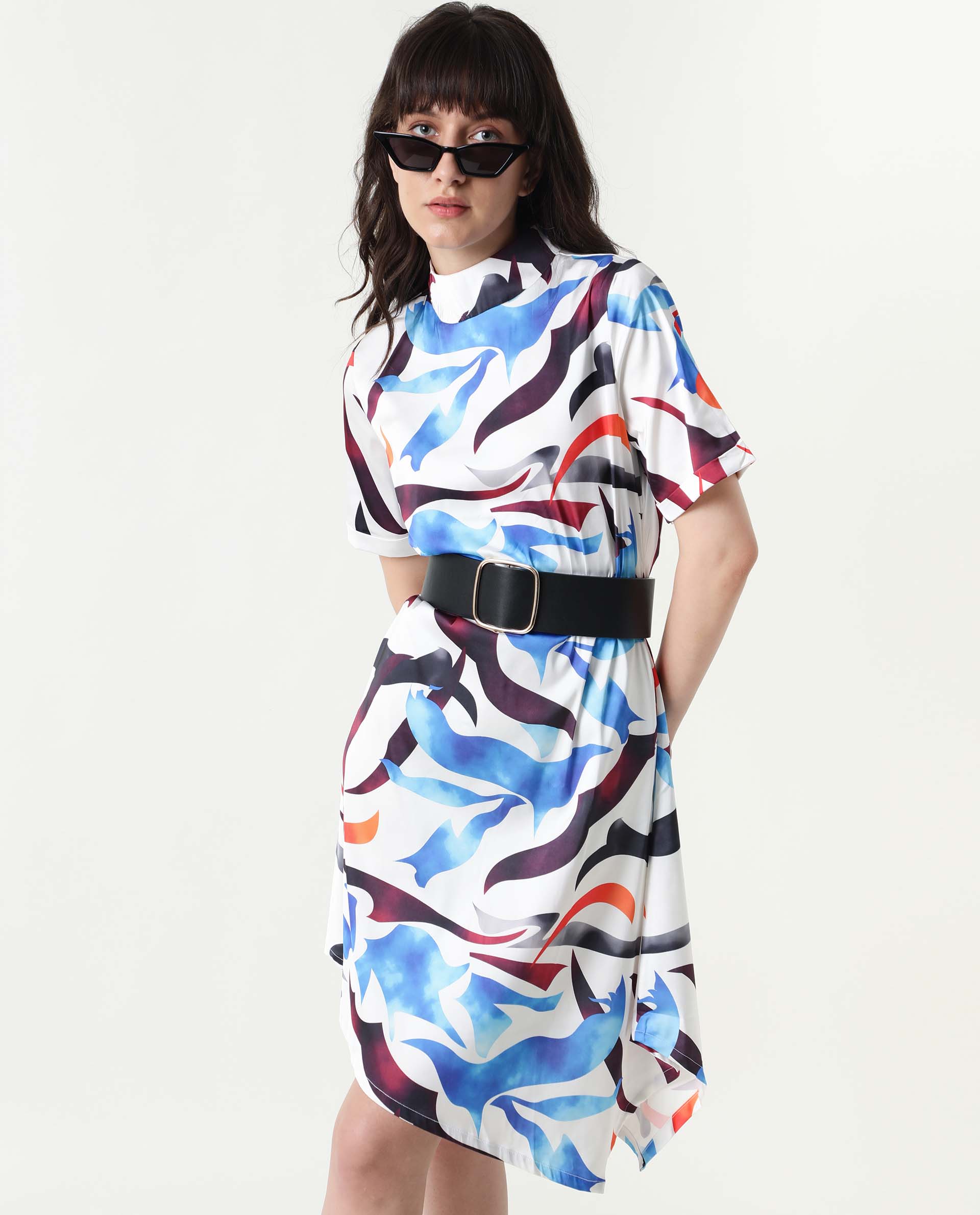 Rareism Women Saler White Abstract Band Collar Short Sleeves With Pockets Asymmetric Knee Length Dress