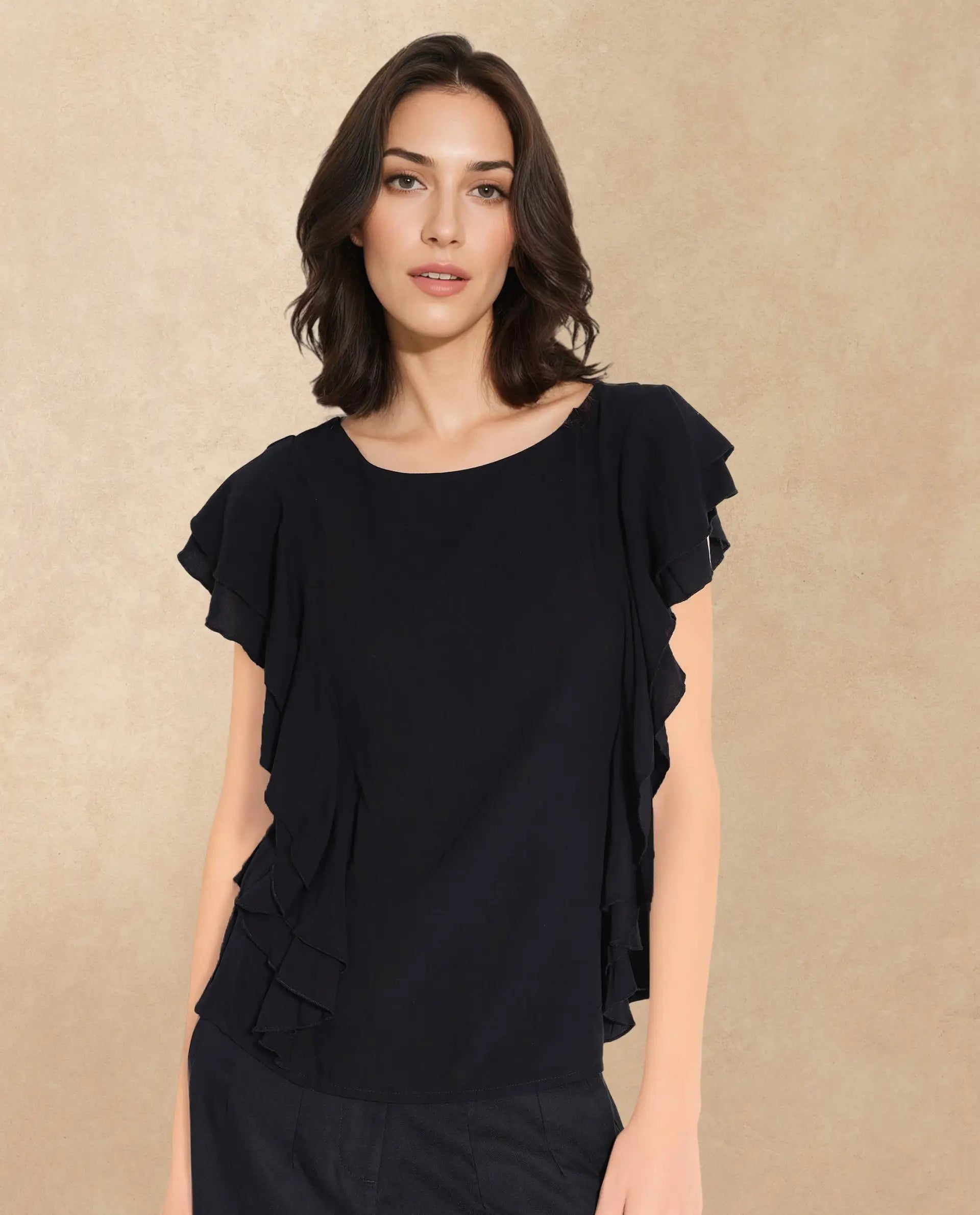 Rareism Women Samal Black Ruffled Sleeves Boat Neck Plain Top