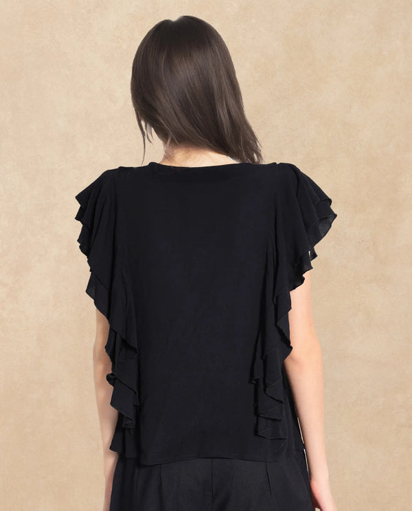 Rareism Women Samal Black Ruffled Sleeves Boat Neck Plain Top