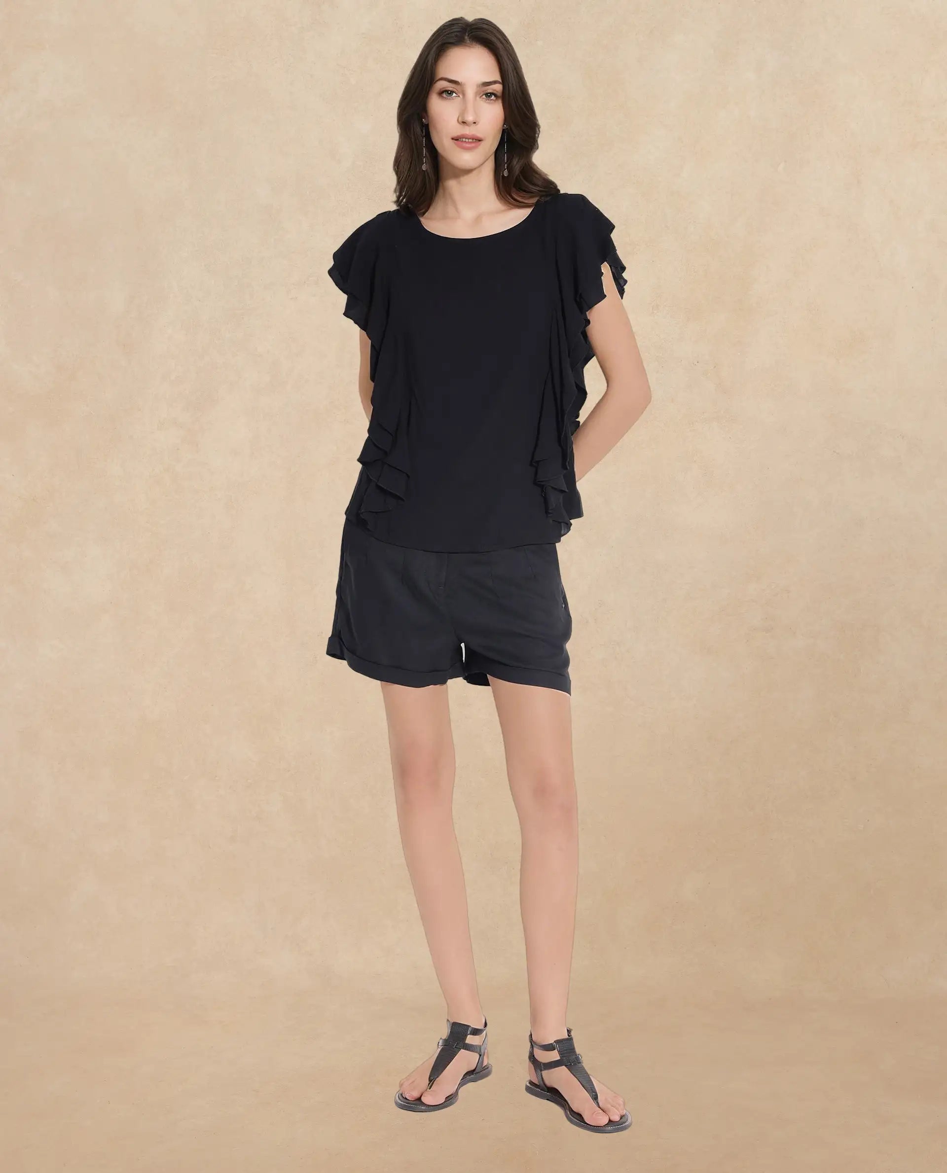 Rareism Women Samal Black Ruffled Sleeves Boat Neck Plain Top