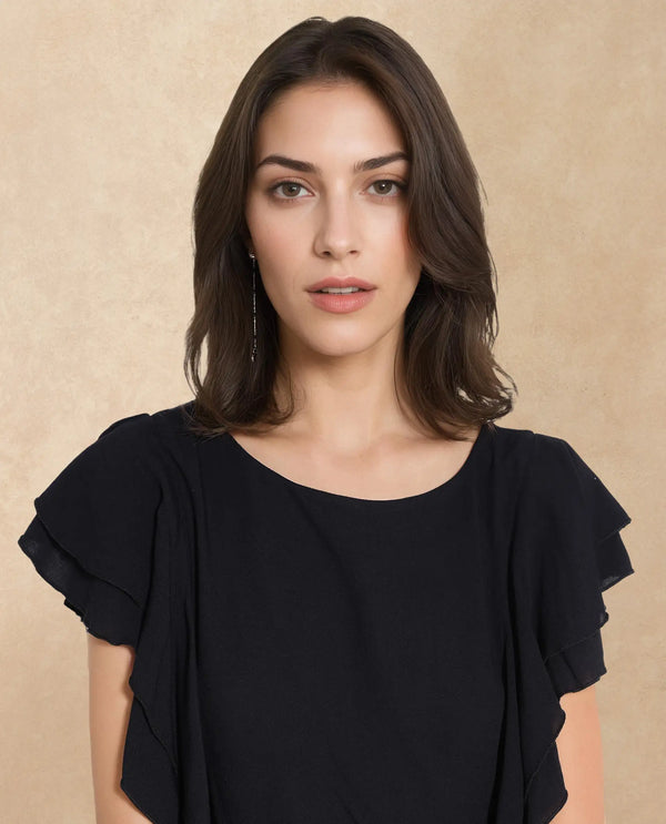 Rareism Women Samal Black Ruffled Sleeves Boat Neck Plain Top