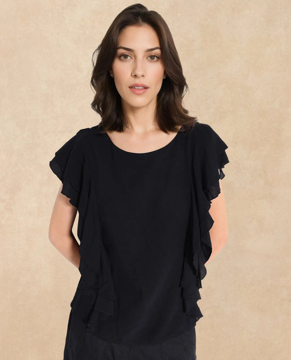 Rareism Women Samal Black Ruffled Sleeves Boat Neck Plain Top