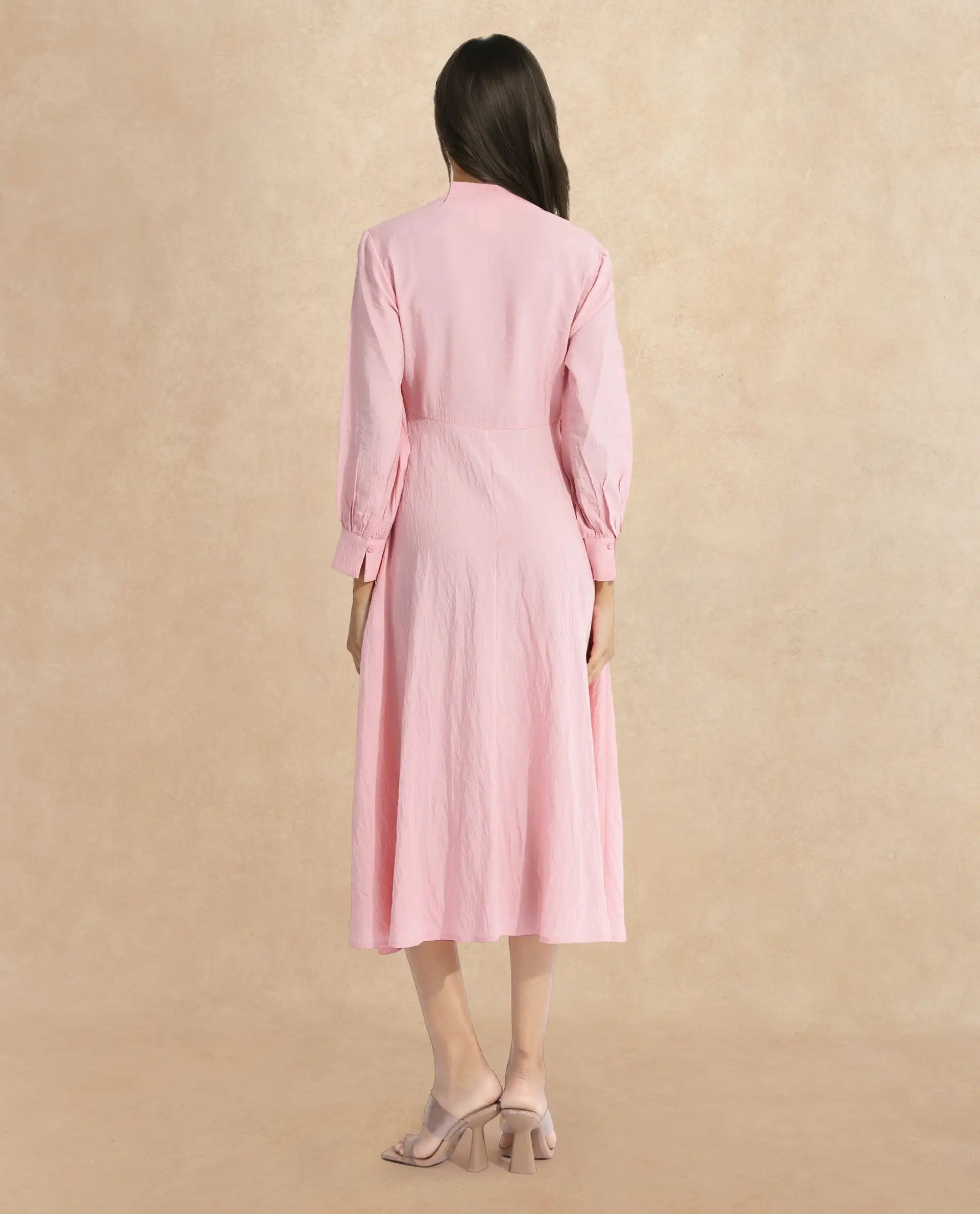 Rareism Women Samran Peach Bishop Sleeve V-Neck  Fit And Flare Maxi Plain Dress