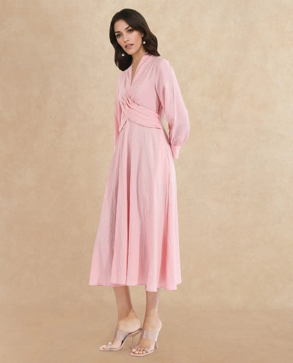 Rareism Women Samran Peach Bishop Sleeve V-Neck  Fit And Flare Maxi Plain Dress