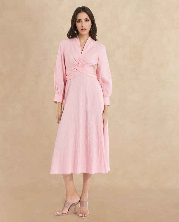Rareism Women Samran Peach Bishop Sleeve V-Neck  Fit And Flare Maxi Plain Dress