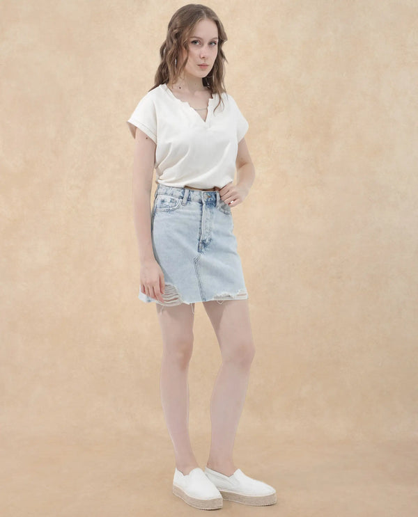 Rareism Women Sanderson Off White Cotton Fabric Short Sleeve V-Neck Solid Regular Fit Top