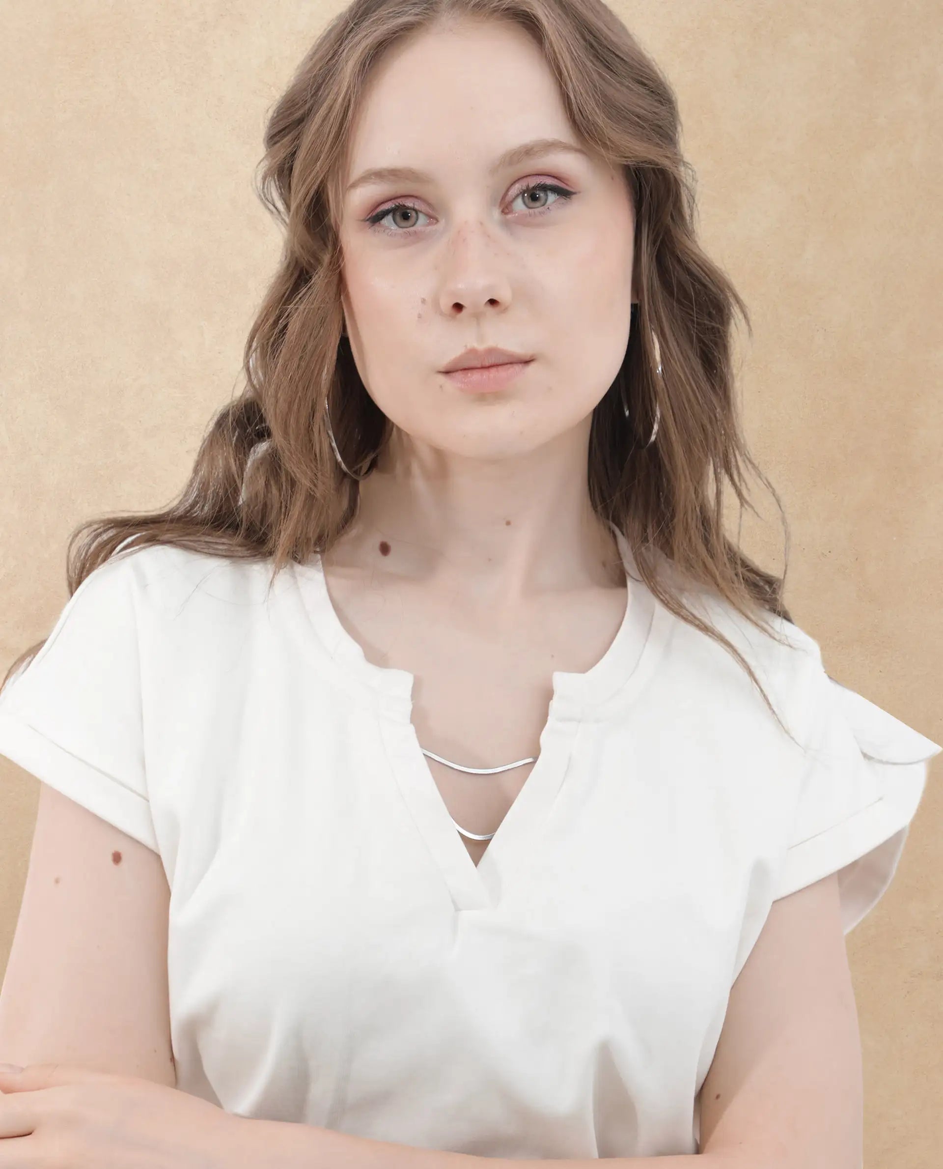 Rareism Women Sanderson Off White Cotton Fabric Short Sleeve V-Neck Solid Regular Fit Top