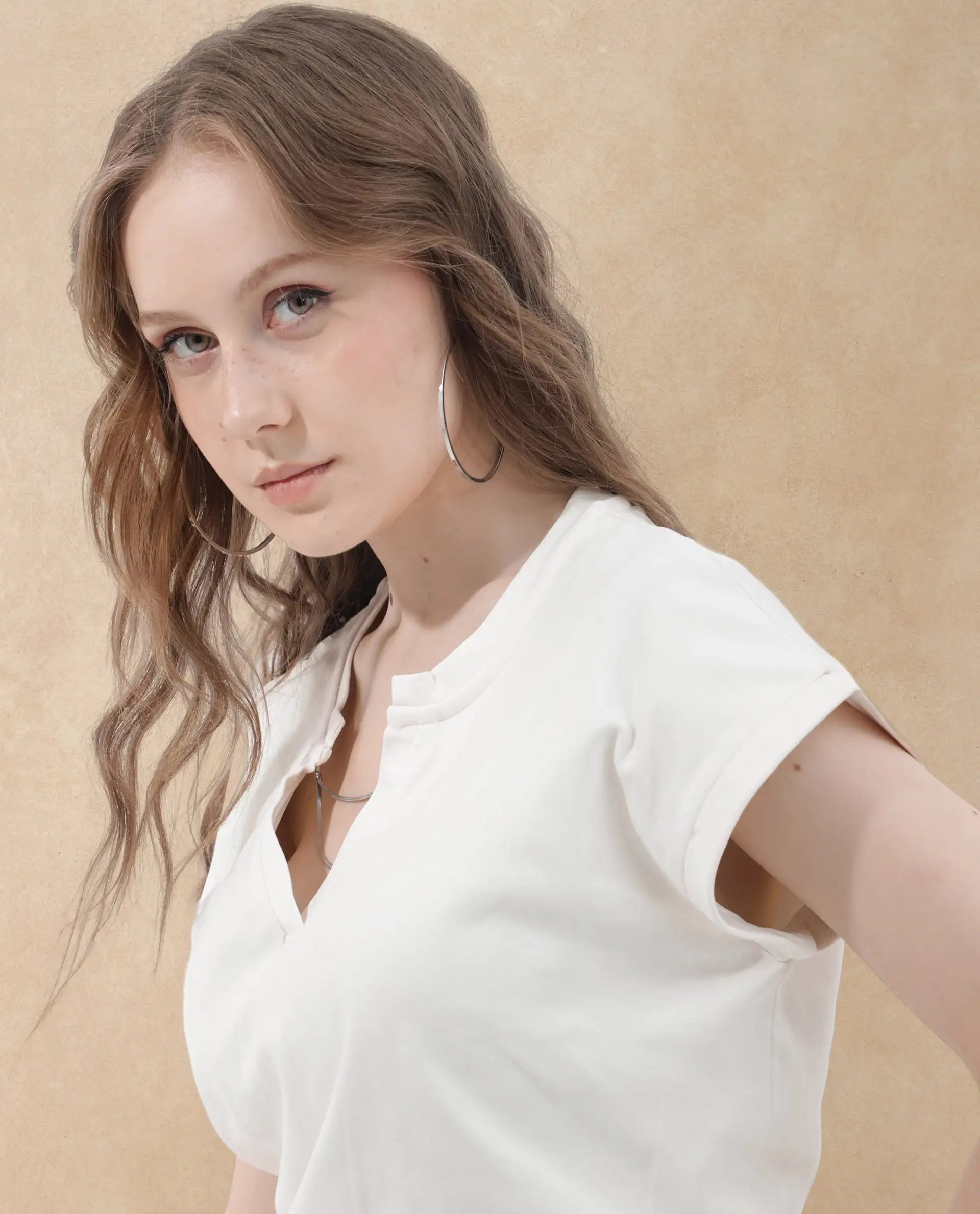 Rareism Women Sanderson Off White Cotton Fabric Short Sleeve V-Neck Solid Regular Fit Top