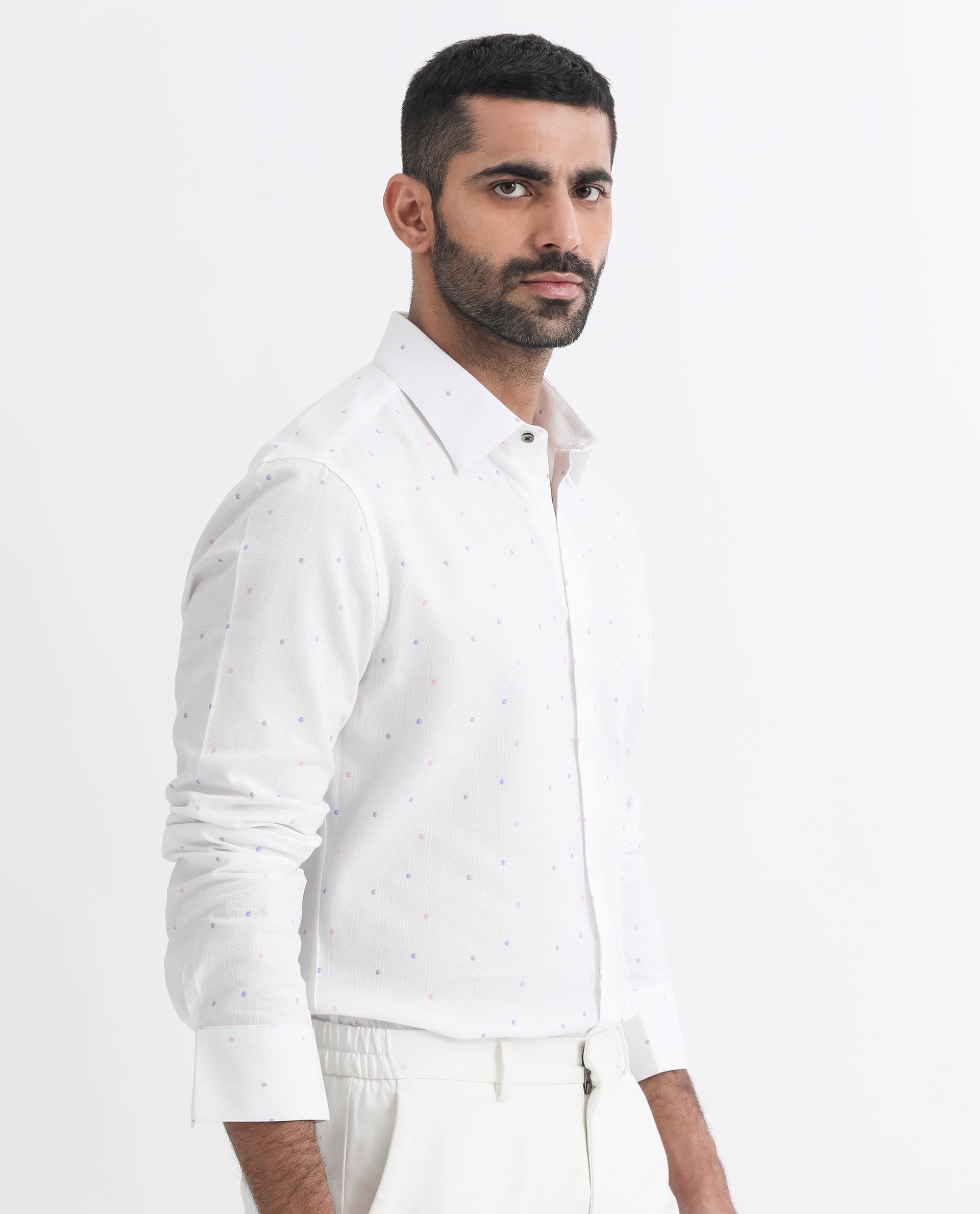 Rare Rabbit Men's Saturns White Cotton Fabric Geo Dot Print Full Sleeves Shirt