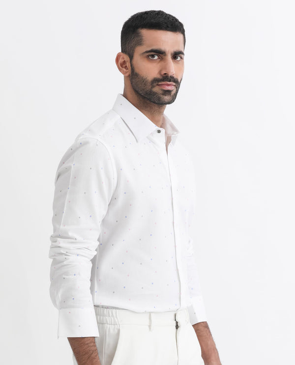 Rare Rabbit Men's Saturns White Cotton Fabric Geo Dot Print Full Sleeves Shirt