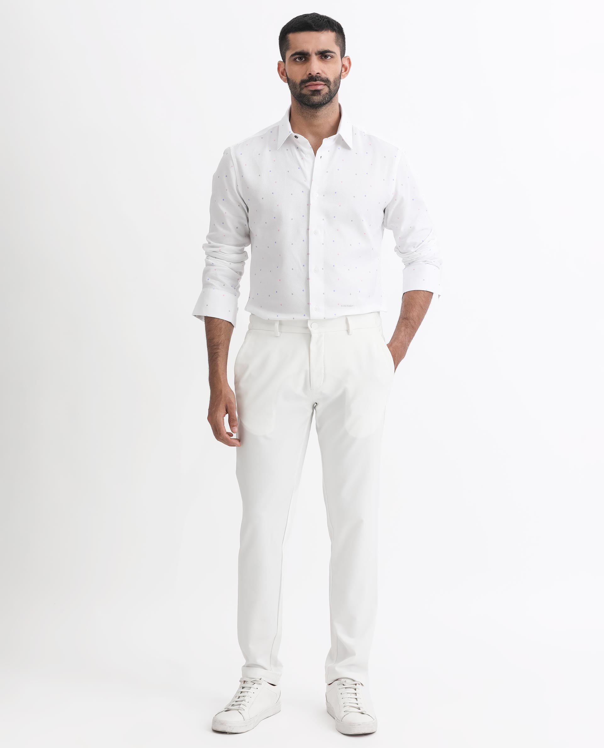 Rare Rabbit Men's Saturns White Cotton Fabric Geo Dot Print Full Sleeves Shirt