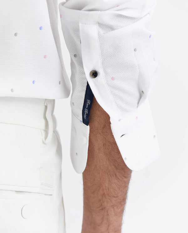 Rare Rabbit Men's Saturns White Cotton Fabric Geo Dot Print Full Sleeves Shirt