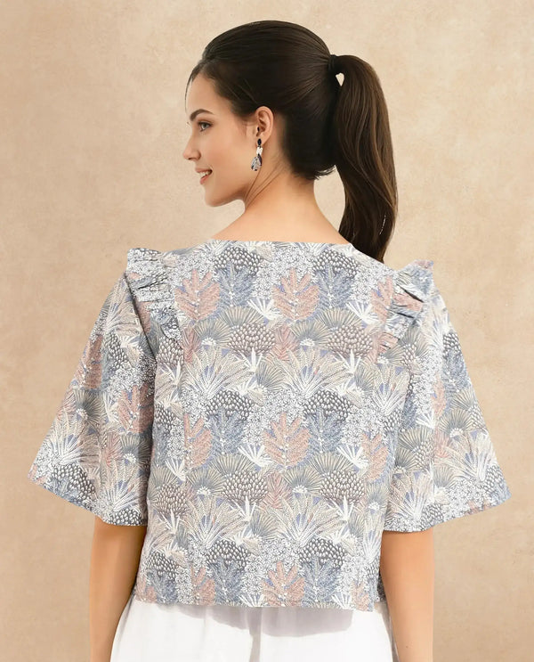 Rareism Women Savri Dark Multi Shawl Neck Relaxed Fit Botanical Print Shrug