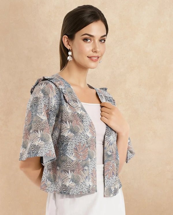 Rareism Women Savri Dark Multi Shawl Neck Relaxed Fit Botanical Print Shrug