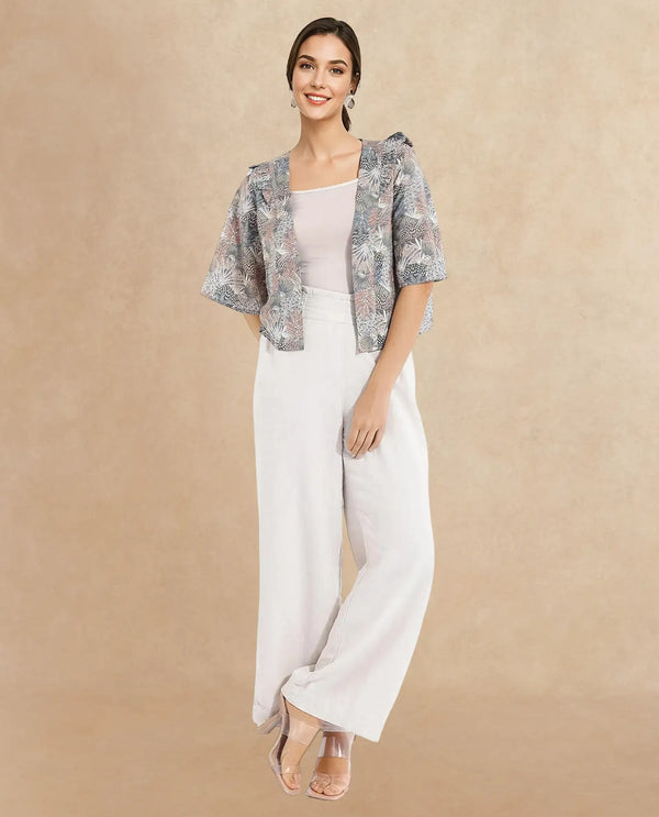 Rareism Women Savri Dark Multi Shawl Neck Relaxed Fit Botanical Print Shrug