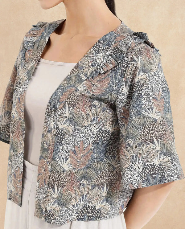 Rareism Women Savri Dark Multi Shawl Neck Relaxed Fit Botanical Print Shrug