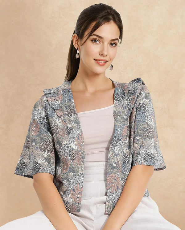 Rareism Women Savri Dark Multi Shawl Neck Relaxed Fit Botanical Print Shrug