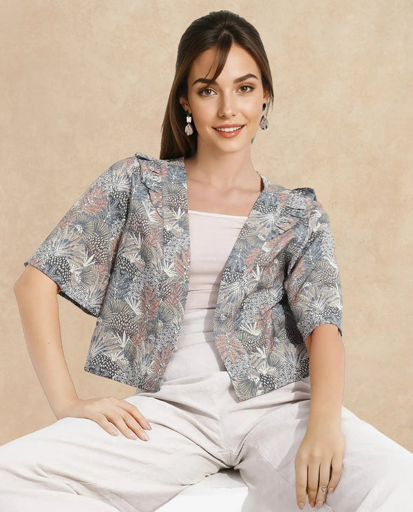 Rareism Women Savri Dark Multi Shawl Neck Relaxed Fit Botanical Print Shrug