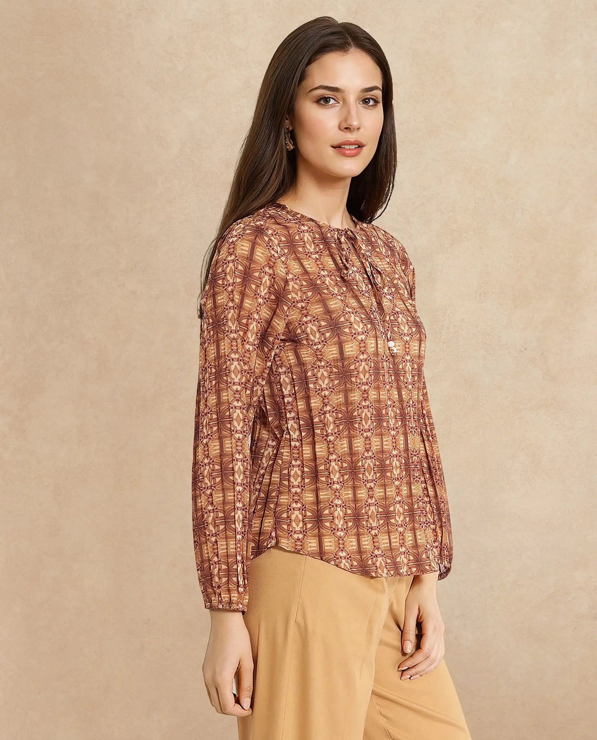 Rareism Women Scoob Brown 3/4Th Sleeve Tie-Up Neck Tie Up Closure Relaxed Fit Abstract Print Top