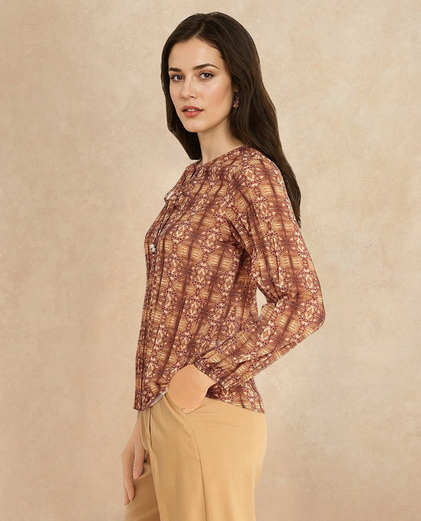 Rareism Women Scoob Brown 3/4Th Sleeve Tie-Up Neck Tie Up Closure Relaxed Fit Abstract Print Top