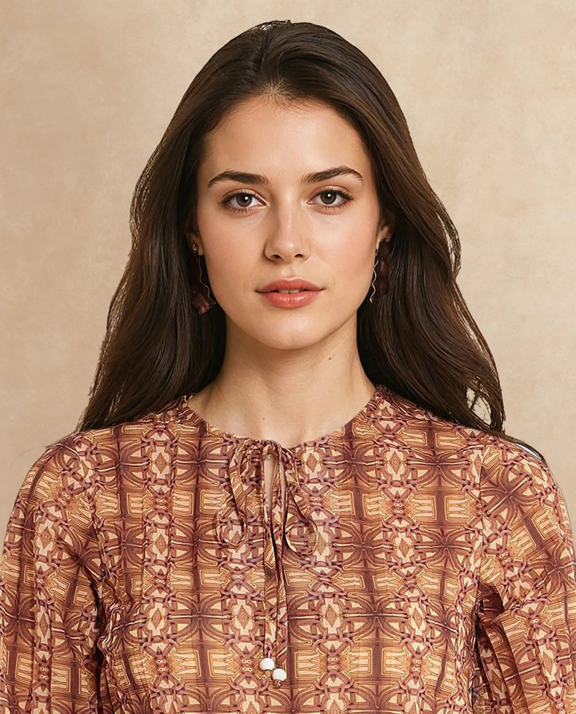 Rareism Women Scoob Brown 3/4Th Sleeve Tie-Up Neck Tie Up Closure Relaxed Fit Abstract Print Top