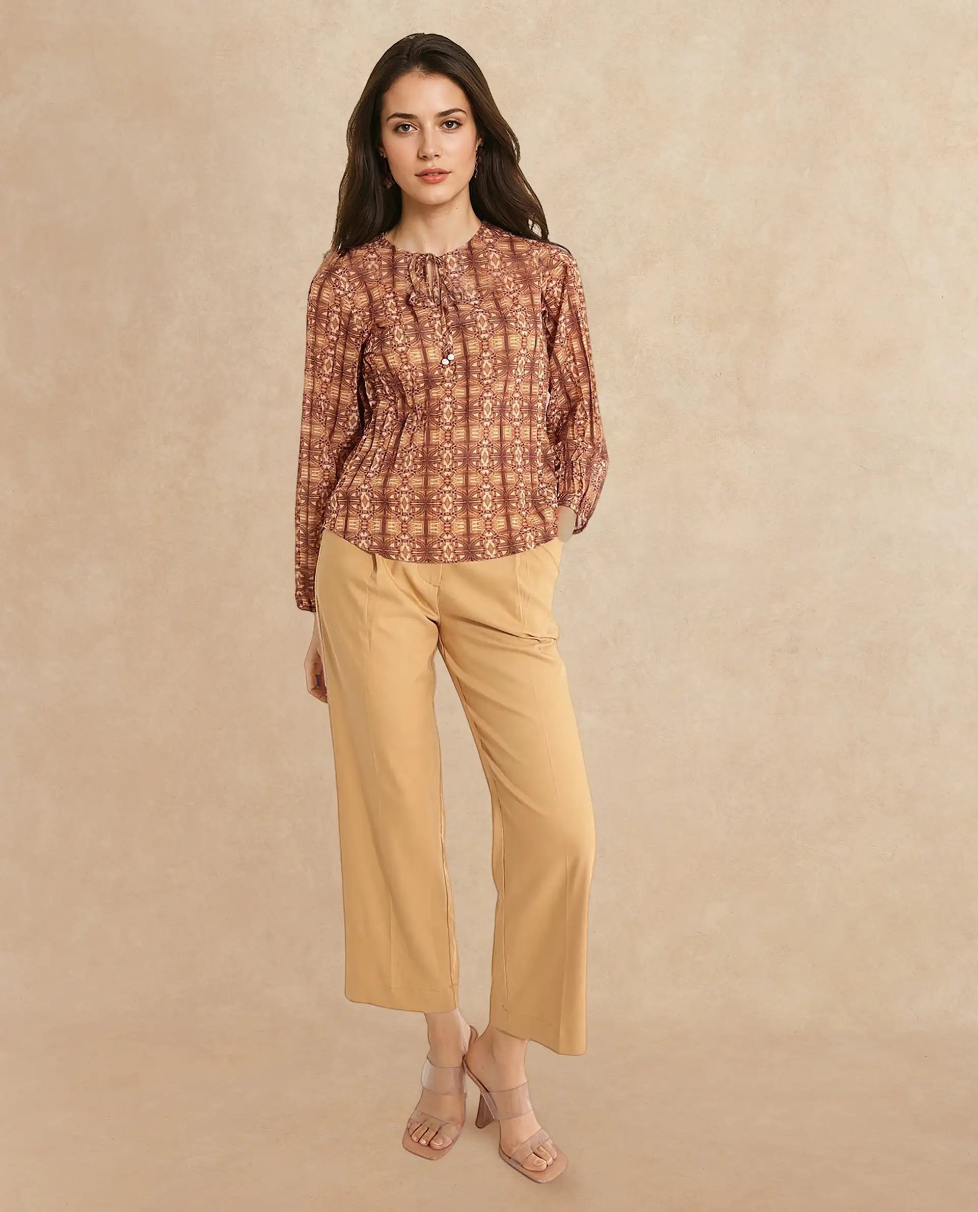 Rareism Women Scoob Brown 3/4Th Sleeve Tie-Up Neck Tie Up Closure Relaxed Fit Abstract Print Top